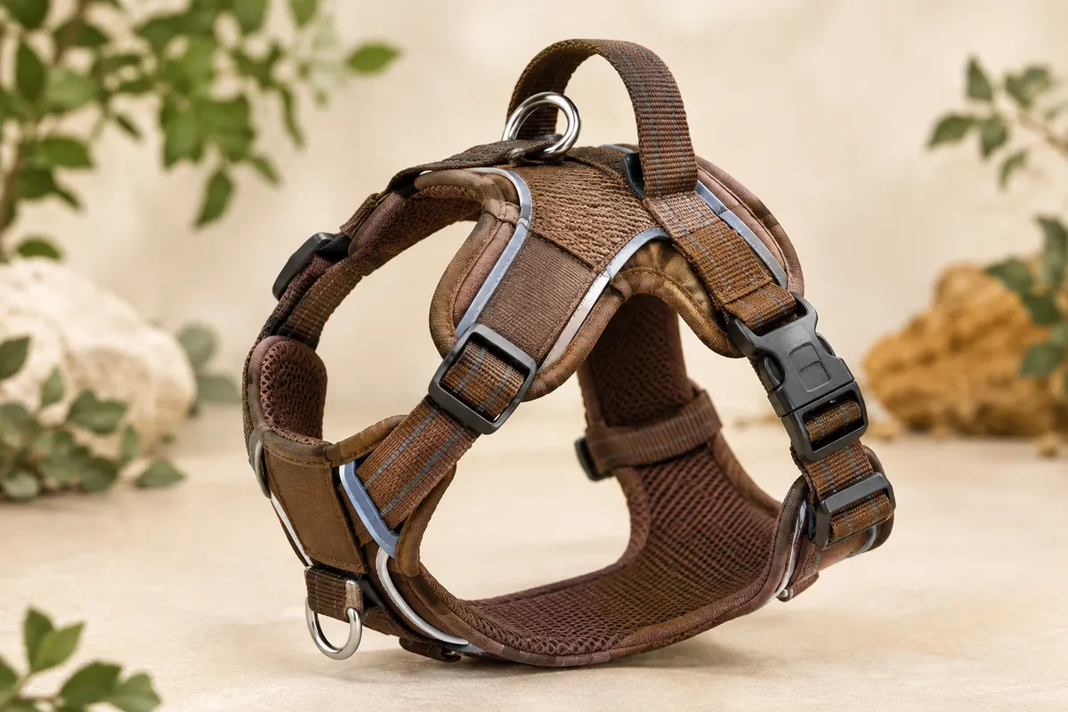 Harnais pour chien marron réglable avec rembourrage en maille, poignée dorsale et bandes réfléchissantes