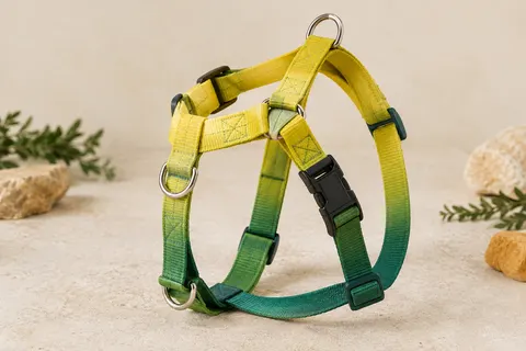 Harnais pour chien TSPRO en polyester, dégradé jaune et vert, avec boucle rapide et anneaux métalliques