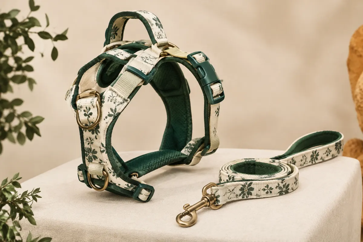 Harnais pour chien VETRESKA crème et vert à motif floral, avec poignée intégrée et laisse assortie