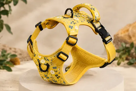Harnais pour chien jaune vif à motif, avec poignée dorsale, sangles réglables et anneaux en D
