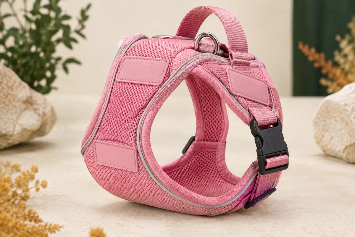 Harnais gilet rose pour chien avec maille rembourrée, poignée, boucle et coutures réfléchissantes