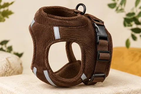 Harnais veste marron en velours côtelé avec col en maille et bandes réfléchissantes